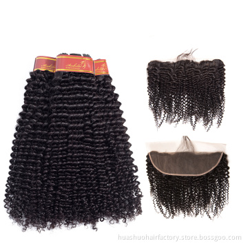 Double Drawn Kinky Curly Brazilian Human Hair And 13*4  Frontal Lace Closure With Bundles